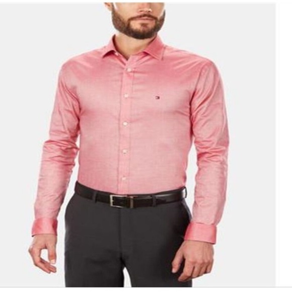 Tommy Hilfiger Men's Classic/Regular Fit Stretch Solid Dress Shirt,Cherry - Picture 2 of 11